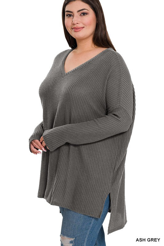 Zenena Plus Size Brushed Thermal Waffle Womens Sweater 5Colors