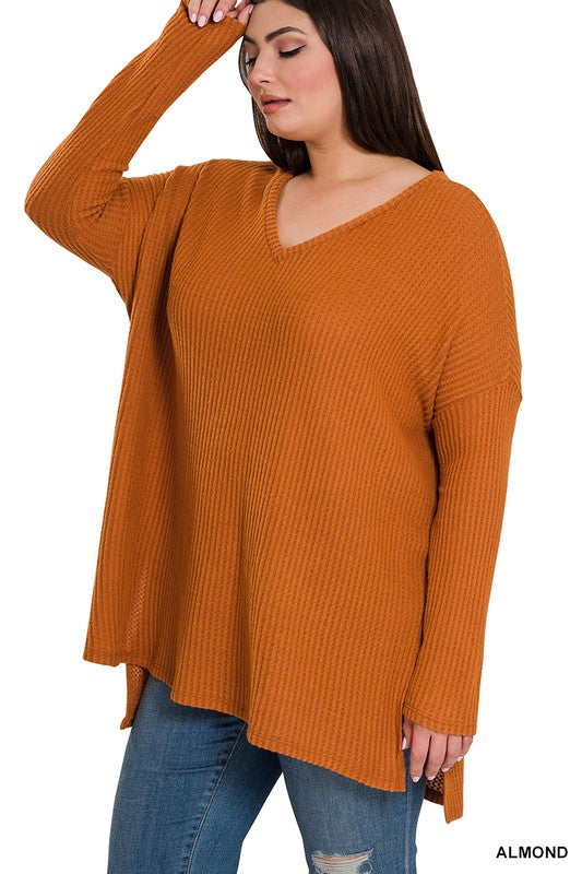 Zenena Plus Size Brushed Thermal Waffle Sweater 5Colors