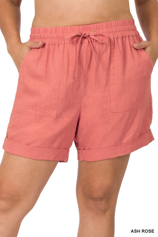 Zenana Plus Size Linen Drawstring Shorts Pockets 2Colors