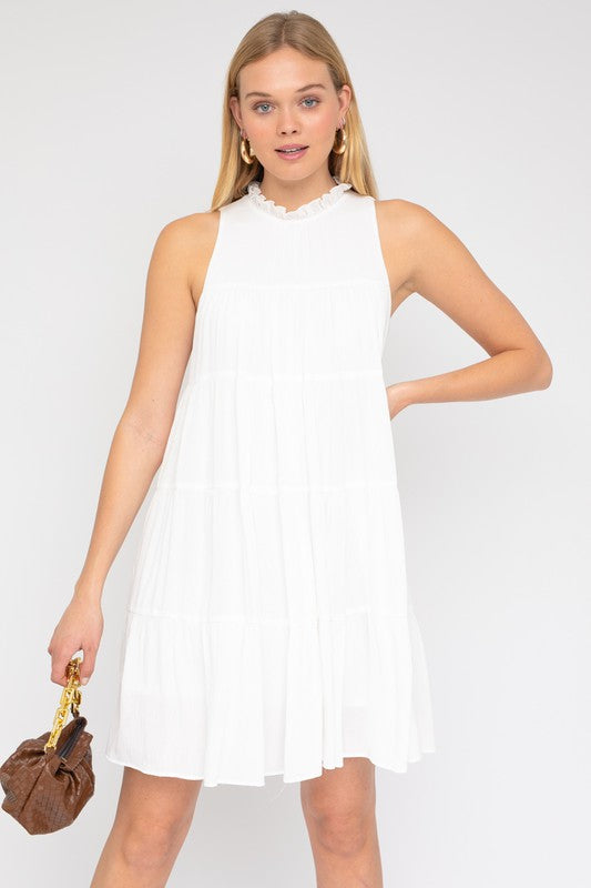 Gilli Sleeveless Ruffle Neck Tiered Womens Dress White S-L