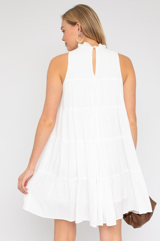 Gilli Sleeveless Ruffle Neck Tiered Dress White S-L