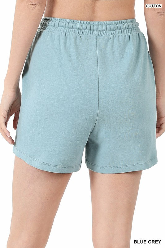 Zenana Cotton Drawstring Shorts Pockets Ash Blue S-XL