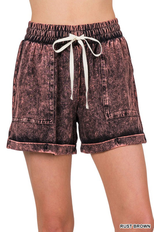 Zenana Mineral Wash Drawstring Cuffed Womens Shorts 3Colors S-XL