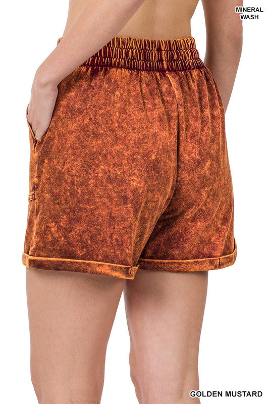 Zenana Mineral Wash Drawstring Cuffed Womens Shorts 3Colors S-XL
