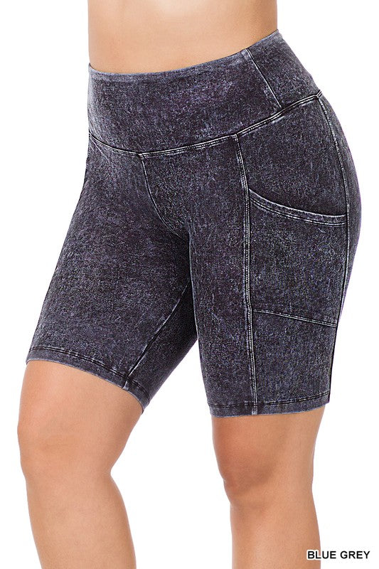 Zenana Plus Size Mineral Wash Pocket Biker Shorts 10Colors S-XL
