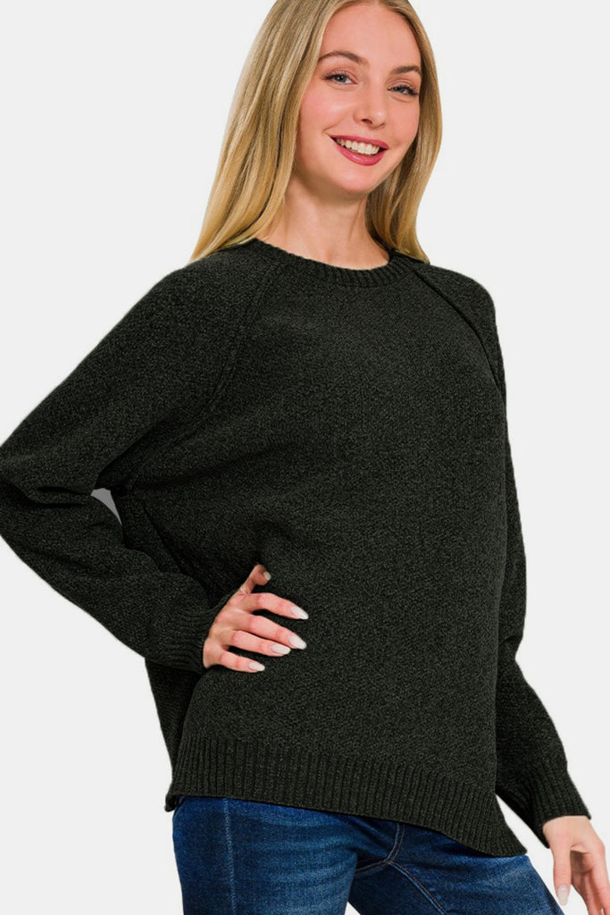 Zenana Side Slit Raglan Sleeve Womens Pullover Sweater