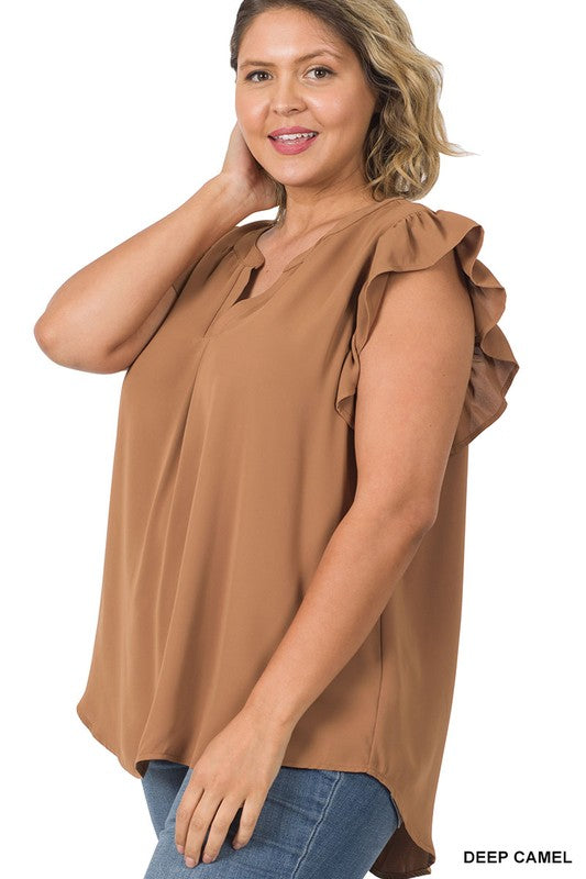 Zenanan Plus Size Woven Wool Peach Ruffled Sleeve Hi-Low Top 4Colors
