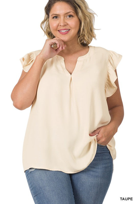 Zenanan Plus Size Woven Wool Peach Ruffled Sleeve Hi-Low Top 4Colors