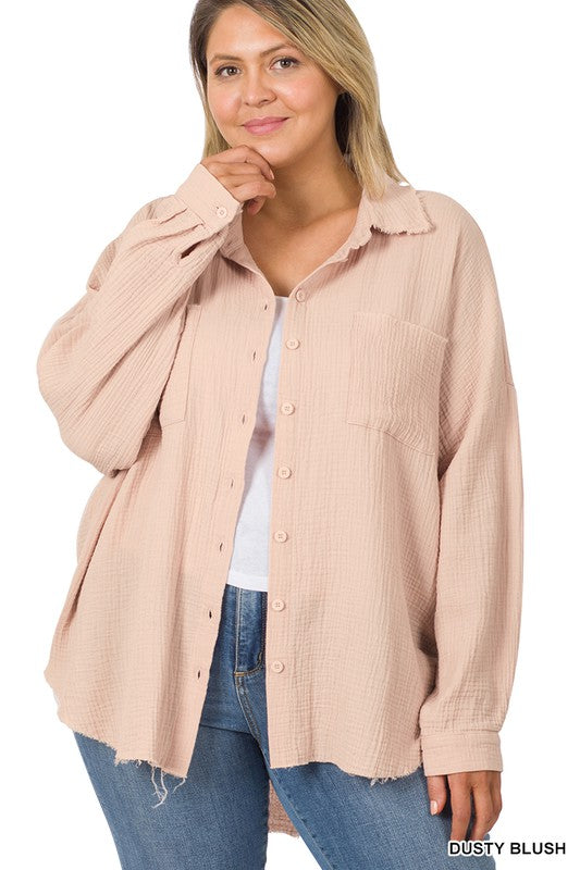 Zenana Plus Size Oversized Raw Edge Womens Shirt 3Colors