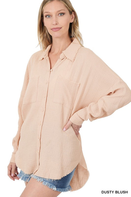 Zenana Oversized Cotton Gauze Raw Edge Shirt 2Colors S-XL