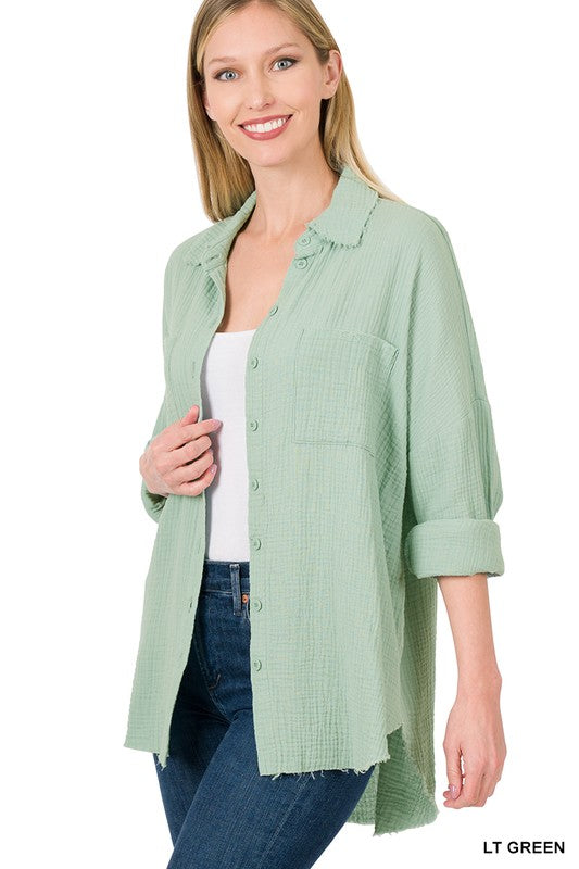 Zenana Oversized Cotton Gauze Raw Edge Shirt 2Colors S-XL