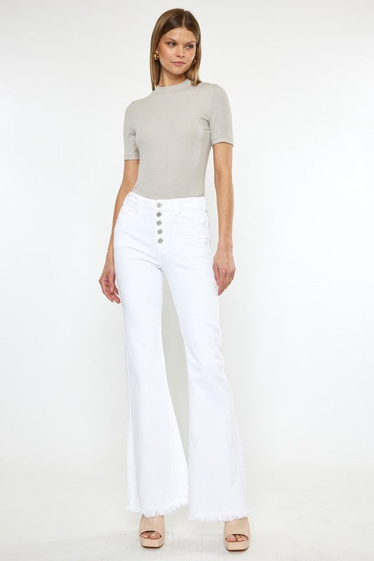 Kan Can High Rise Flare Button Front Jeans in White