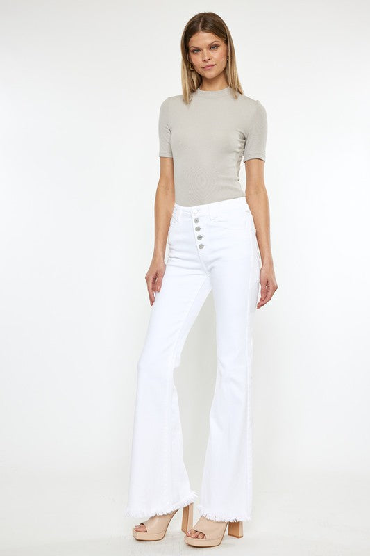 Kan Can High Rise Flare Button Front Jeans in White
