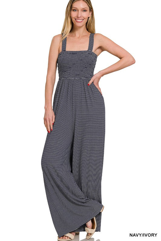 Zenana Smocked Top Striped Jumpsuit 5Colors S-XL