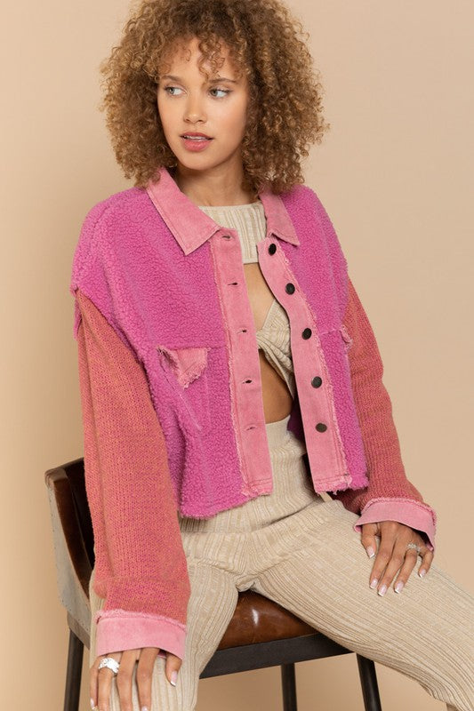 POL Clothing Mixed Media Jacket Ivory or Pink S-L