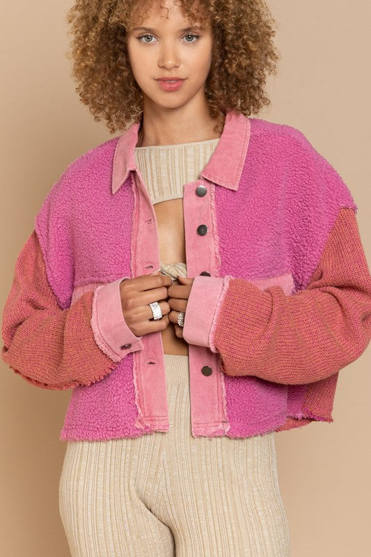 POL Clothing Mixed Media Jacket Ivory or Pink S-L