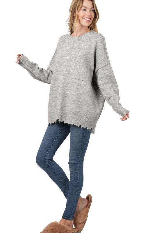 Zenana Distressed Melange Oversized Sweater 2Colors S-XL