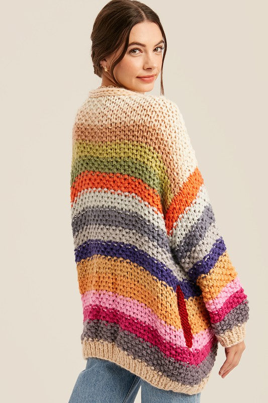 Listicle Hand Crochet Multi Color Oversized Open Cardigan S-L