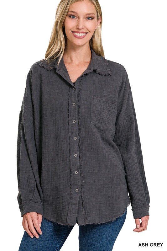 Zenana Oversized Raw Edge Cotton Gauze Shirt 3Colors S-XL