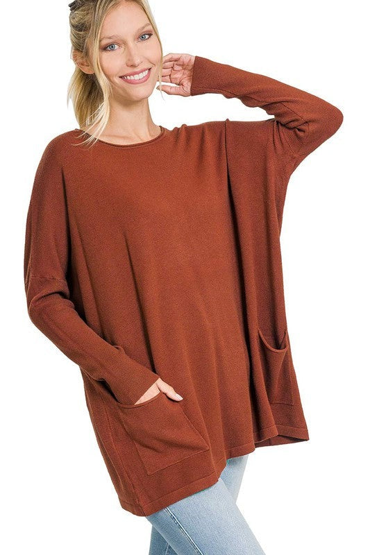 Zenana Oversized Front Pocket Sweater 3Colors S-XL
