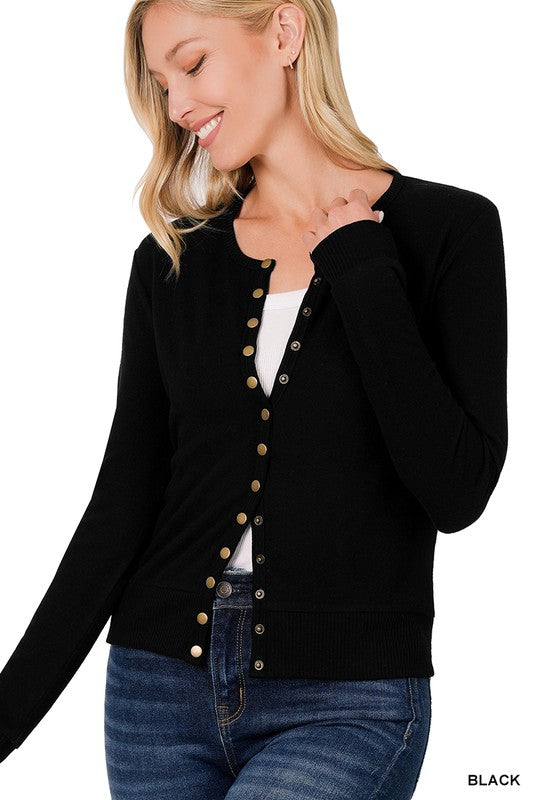 Zenana Soft Cardigan Sweater Crew Neck Snaps Black or Rust S-XL