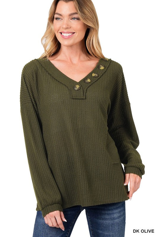 Zenana Brushed Waffle Button Detail Sweater 3Colors S-L