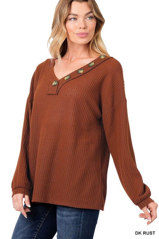 Zenana Brushed Waffle Button Detail Sweater 3Colors S-L
