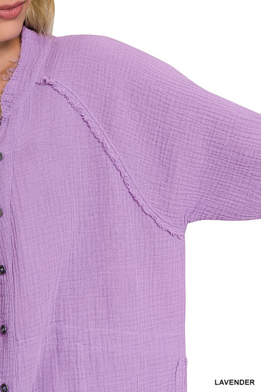 Zenana - Button Front Cotton Gauze Raw Edge Shirts +colors