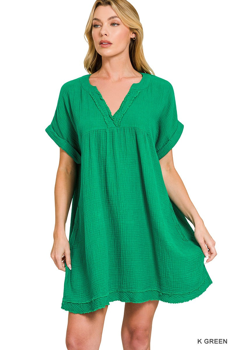 Zenana Cotton Double Gauze Solid Womens Dress S-XL Kelly Green