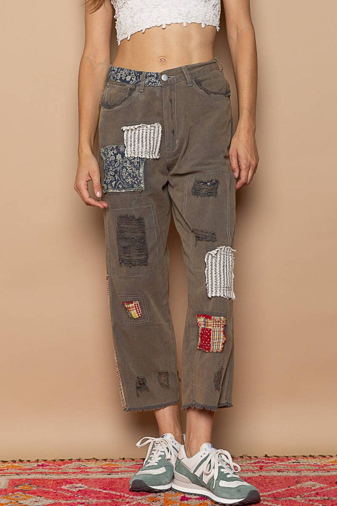 Pol Clothing - Patch work detail ankle length denim pants