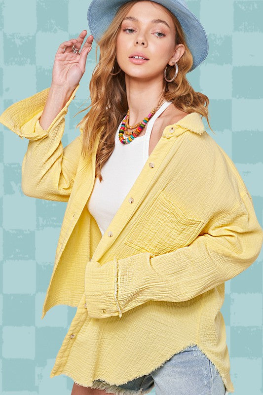 La Miel Soft Washed Crinkled Gauze Button Womens Shirt 3Colors S-L