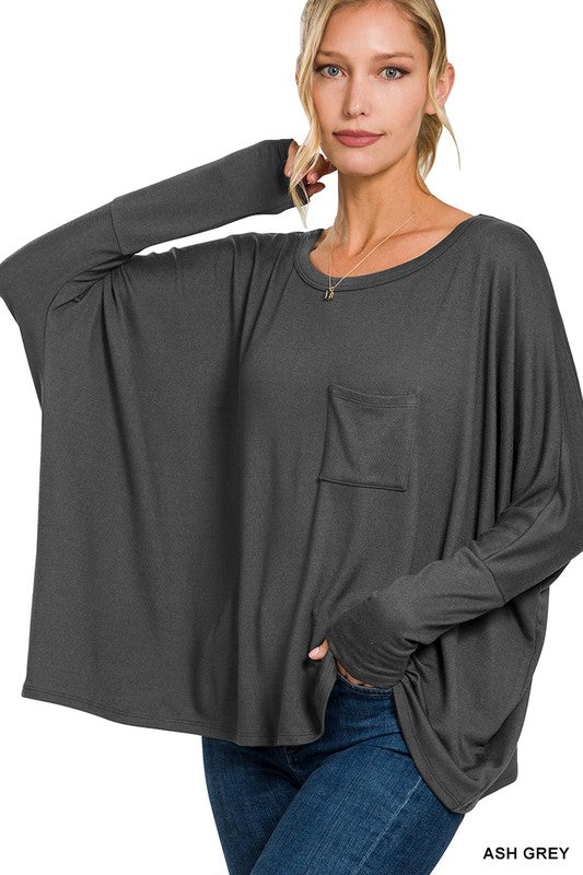 Zenana Dolman Sleeve Round Neck Top Pocket Grey Large