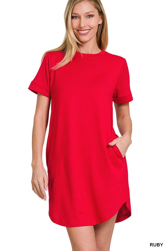 Zenana Rolled Short Sleeve Mini Dress 2Colors S-XL