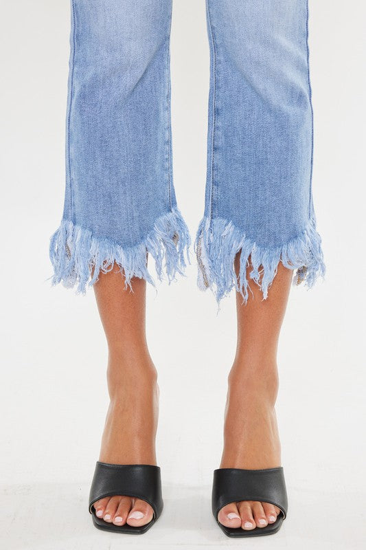 Kan Can High Rise Crop Bootcut Fringe Hem Womens Jeans Size 23-30