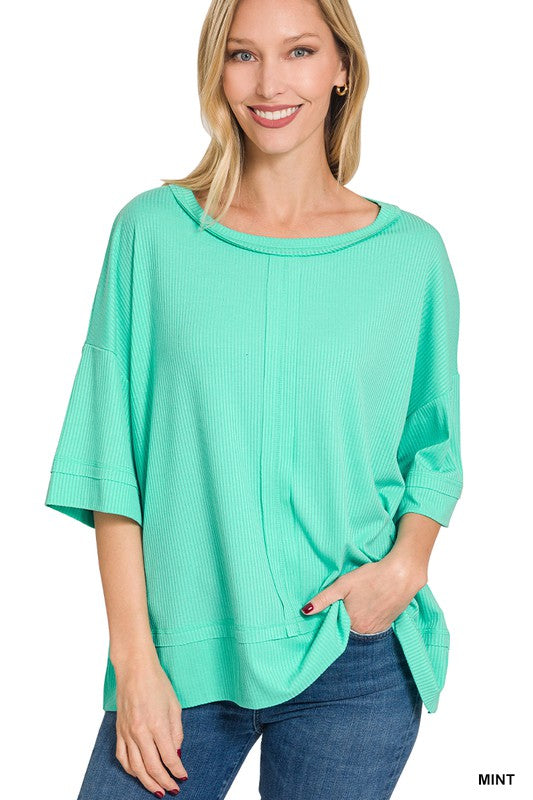 Zenana Ribbed Dolman Sleeve Top Front Seam 4Colors S-XL