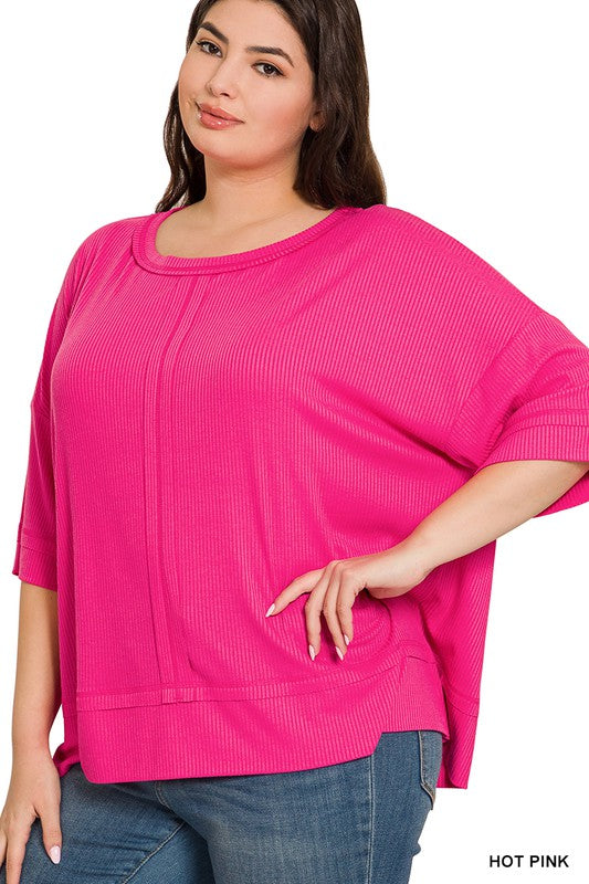 Zenana Plus Size Ribbed Dolman Sleeve Womens Top Front Seam 2Colors 1X-3X