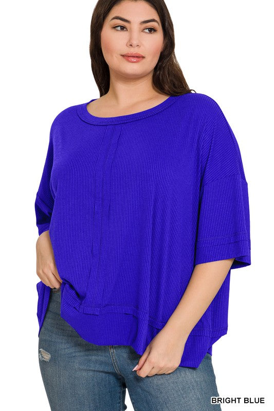Zenana Plus Size Ribbed Dolman Sleeve Top Front Seam 2Colors 1X-3X