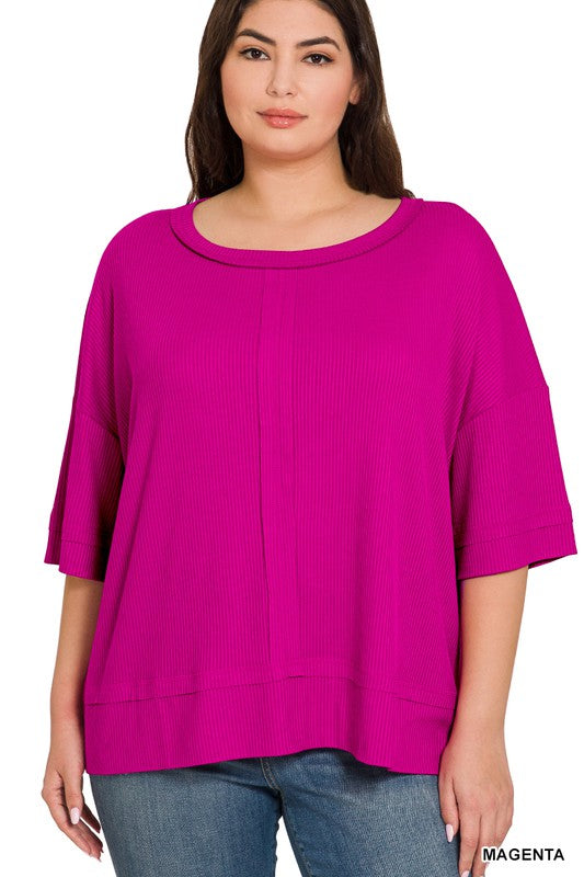 Zenana Plus Size Ribbed Dolman Sleeve Top Front Seam 2Colors 1X-3X