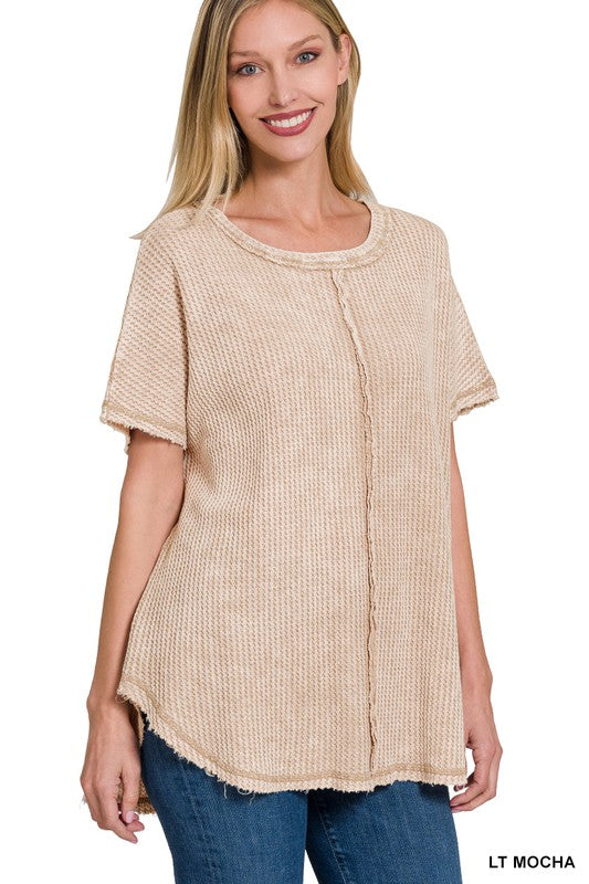 Zenana Mineral Washed Waffle Weave Short Sleeve Top 5Colors S-XL