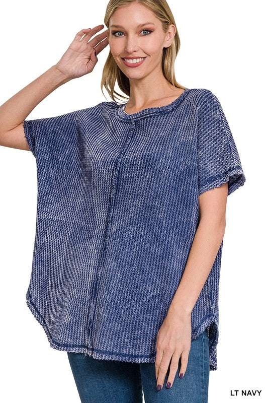 Zenana Mineral Washed Waffle Weave Short Sleeve Top 5Colors S-XL