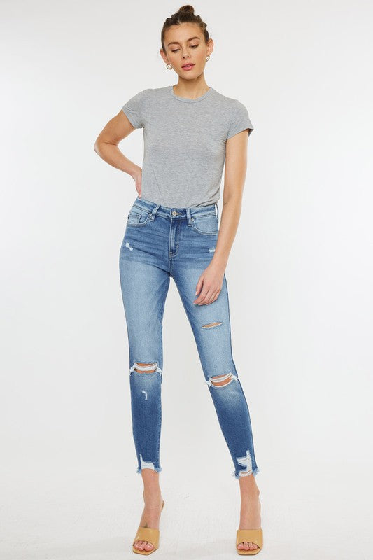 Kan Can High Rise Frayed Ankle Hem Skinny Jeans