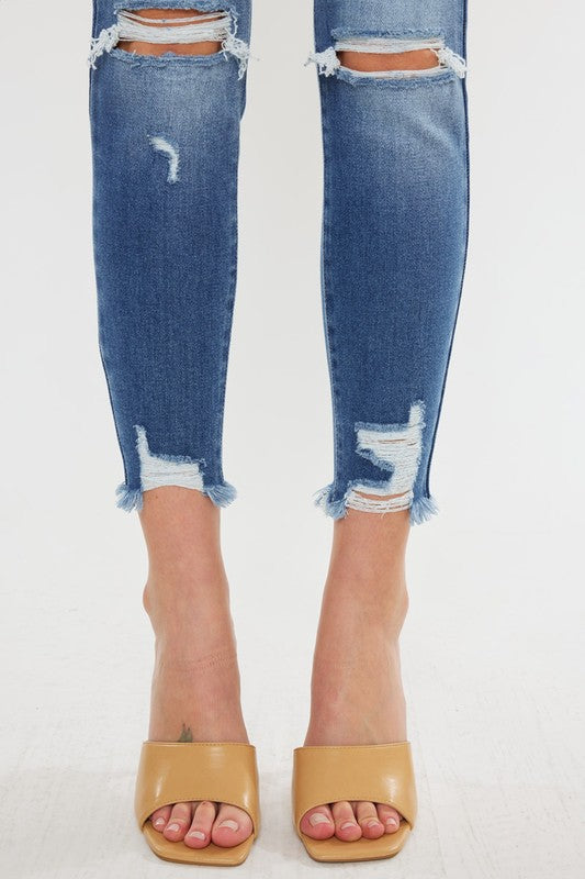 Kan Can High Rise Frayed Ankle Hem Womens Skinny Jeans