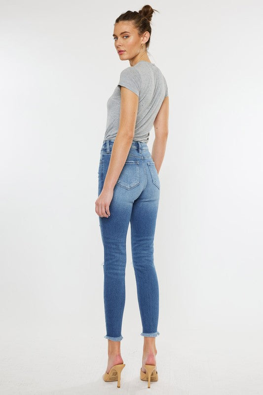 Kan Can High Rise Frayed Ankle Hem Skinny Jeans