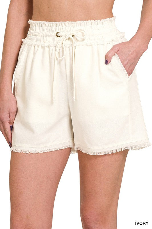 Zenana Linen Frayed Hem Drawstring Shorts Pockets 6Colors S-XL