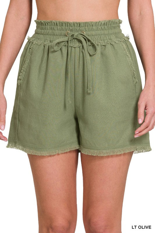 Zenana Frayed Hem Drawstring Womens Linen Shorts Pockets 6Colors S-XL