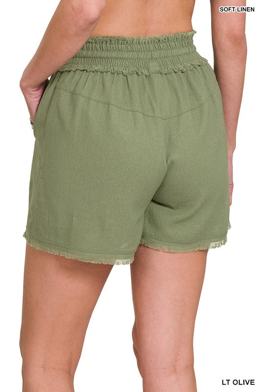 Zenana Linen Frayed Hem Drawstring Shorts Pockets 6Colors S-XL