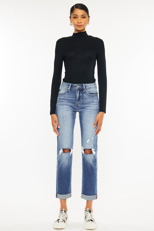 Kan Can USA High Rise Hem Detail Womens Slim Straight Jeans 23-28