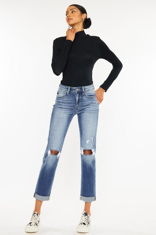 Kan Can USA High Rise Hem Detail Womens Slim Straight Jeans 23-28