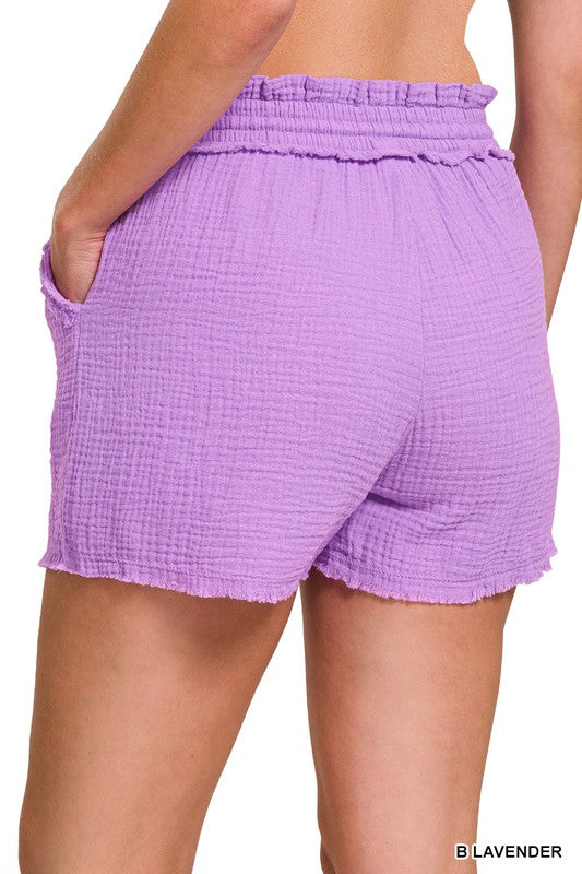 Zenana Double Elastic Drawstring Cotton Womens Shorts S-XL 5Colors