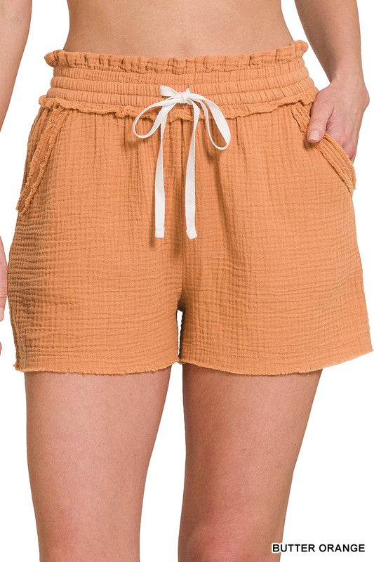 Zenana Double Elastic Drawstring Cotton Shorts S-XL 5Colors
